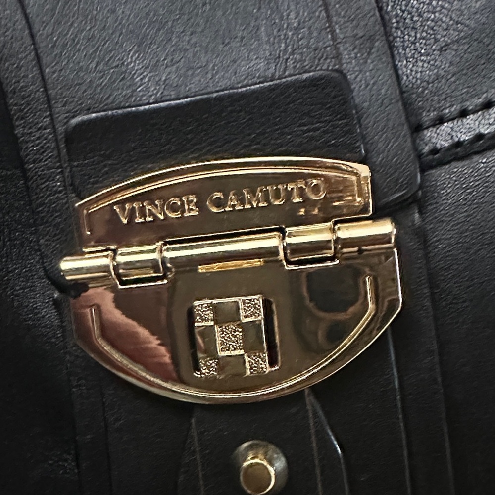 Vince Camuto Black Leather Heeled Boots with Gold Accents - Picture 2 of 6